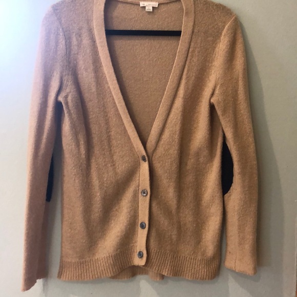 Tan cardigan with blue elbow patches. - Picture 2 of 4
